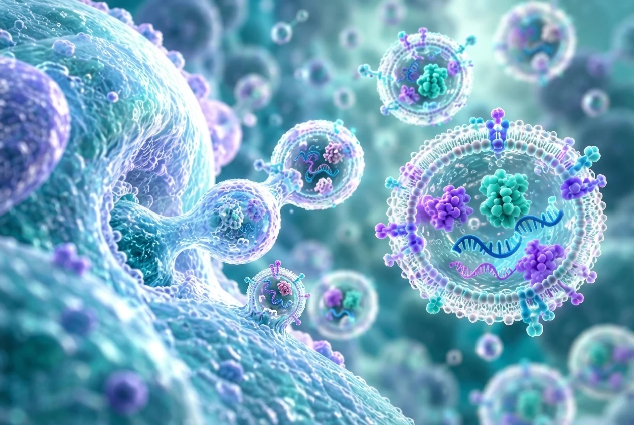 Microscopic 3D rendering of yeast extracellular vesicles engineered with synthetic biology cargo