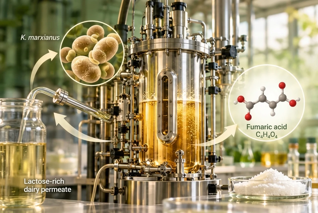 Bioprocess illustration showing Kluyveromyces marxianus converting dairy whey permeate to fumaric acid