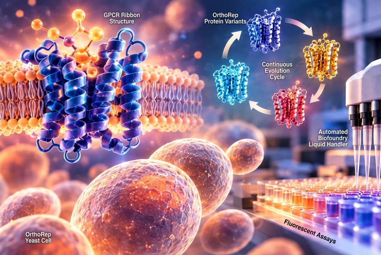 3D molecular model and automated liquid handler illustrating OrthoRep HERO directed evolution of GPCRs in yeast